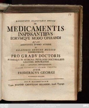 Dissertatio Inavgvralis Medica De Medicamentis Inspissantibvs Eorvmqve Modo Operandi