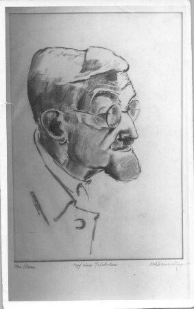 Kopf eines Gelehrten (Hans Richter). Kohlezeichnung (um 1940; E. Richter). Dresden-Südvorstadt, Eisenstuckstraße, Atelier der Künstlerin