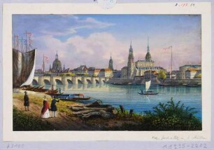Stadtansicht von Dresden, Blick von Nordwesten vom Neustädter Ufer über die Elbe auf Altstadt und Augustusbrücke