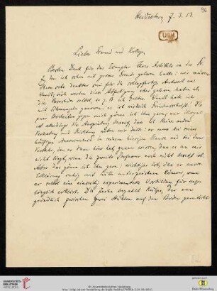 Brief von Wilhelm Windelband an Heinrich Rickert