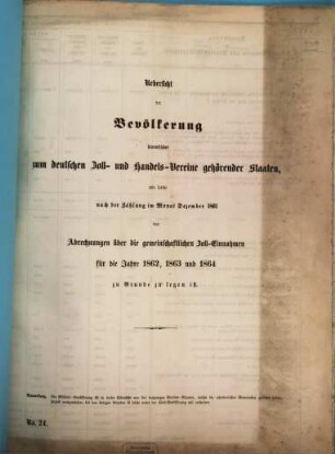 Übersicht von der Bevölkerung der zum Zollverein gehörenden Staaten und Gebietsfläche, wie solche nach der Eröffnung im Dez. ... der Abrechnungen über die gemeinschaftl. Zolleinnahme für die Jahre ... zu Grunde zu legen ist. 1861 = 1862/64