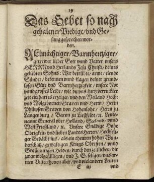 Das Gebet so nach gehaltner Predigt/ und Gesang gesprochen worden.