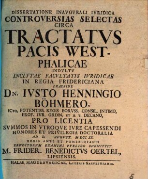 Dissertatione inaugurali iuridica controversias selectas circa tractatus pacis Westphalicae