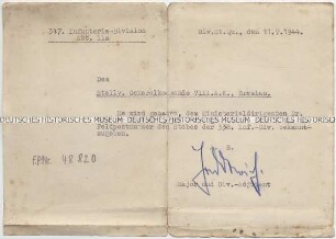 Schreiben des Stabes der 347. Infanterie-Division mit Bitte um Weitergabe der Feldpostnummer des Stabes der 338. Infanteriedivision an einen Ministerialdirigenten