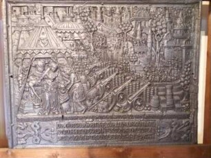 Ofenplatte, Darstellung: Judith mit dem Haupt des Holofernes und Belagerung der Stadt Betulia