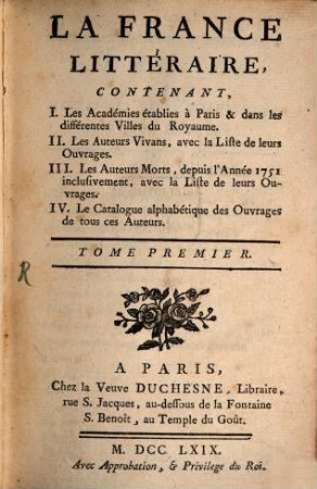 La France littéraire, 1. 1769