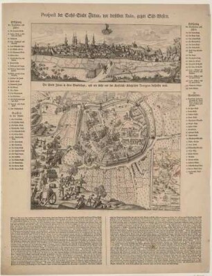 Gedenkblatt an die Beschießung Zittaus durch österreichische Truppen im Siebenjährigen Krieg im Juli 1757 mit einer Stadtansicht vor der Zerstörung und einem Stadtplan während dessen, mit ausführlichem Text, Legenden und Maßstäben