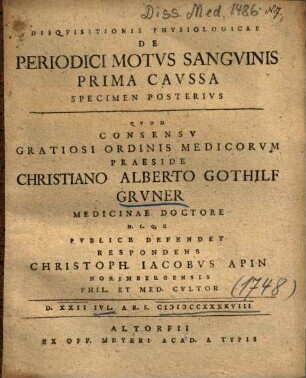 Disqvisitionis Physiologicae De Periodici Motvs Sangvinis Prima Cavssa Specimen Posterivs