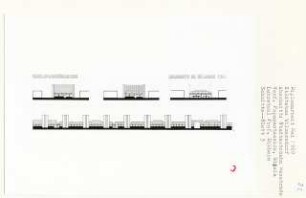 Schnellstraßenüberbauung Stadtautobahn Wexstraße, Berlin-Wilmersdorf (Diplomarbeit bei Kurt Dübbers): Ansicht von Süden und Schnitte 1:500