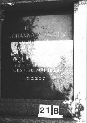 Grabstein 19 (Index: 99805255) Material: Granit Zustand: gut Maße HxBxT: 196x115x24 cm Beschreibung: ädikulaartige Stele, getreppter Sockel, giebelartiger Abschluß, rechteckige Schriftplatte Besonderheit: Doppelgrab für Eheleute: Grabstein 19 (Detailaufnahme)