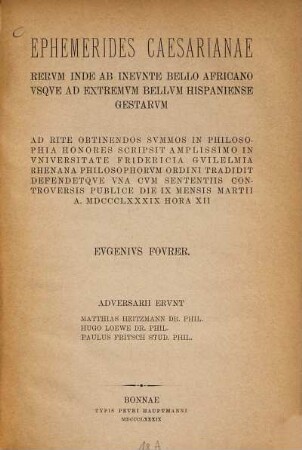 Ephemerides Caesarianae rerum inde ab ineunte bello Africano usque ad extremum bellum Hispaniense gestarum