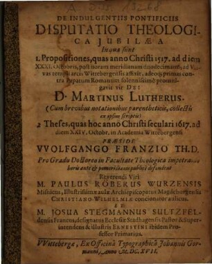 De Indulgentiis Pontificiis Disputatio Theologica Iubilaea