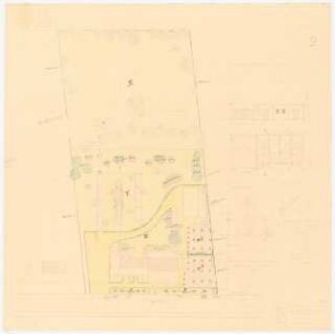 Garten am Postgebäude, Rheinsberg: Lageplan mit Gartenplan 1:250, Stallgebäude: Ansicht, Grundriss und Schnitt 1:100, Detail Dachsims 1:10 (Zeichnung des Architekten)