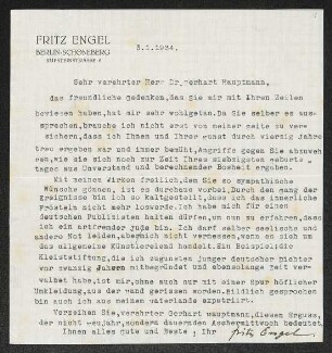 Brief von Fritz Engel an Gerhart Hauptmann