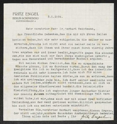 Brief von Fritz Engel an Gerhart Hauptmann