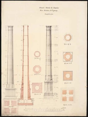 Grube Ilse (Kunheim & Co.), Großräschen/Bückgen / Dampfschornstein der Kleesalzfabrik: 2 Ansichten, 4 Horizontalschnitte, Vertikalschnitt, Einzeichnungen