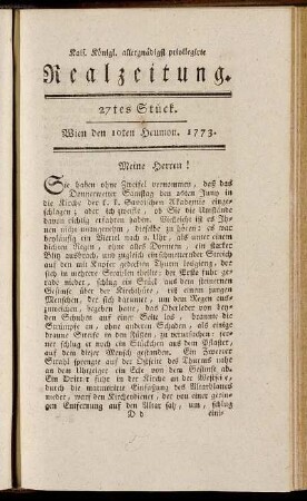 27tes Stück. Wien den 10ten Heumon. 1773.