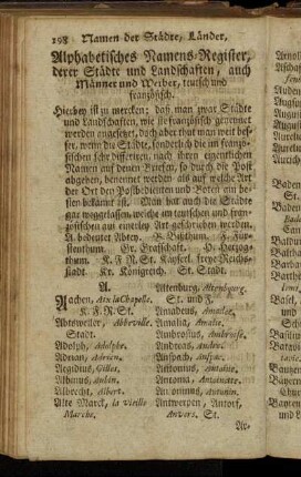 Alphabetisches Namens-Register, derer Städte und Landschaften, auch Männer und Weiber, teutsch und französisch.
