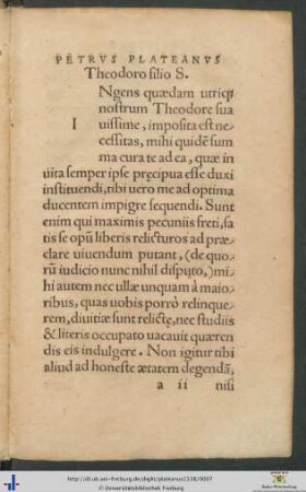 Petrus Plateanus Theodoro filio Salutem