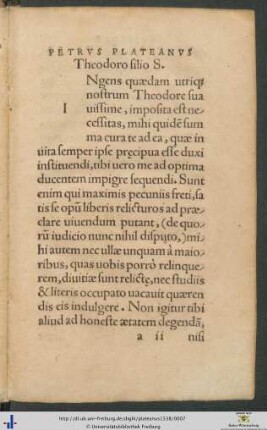 Petrus Plateanus Theodoro filio Salutem