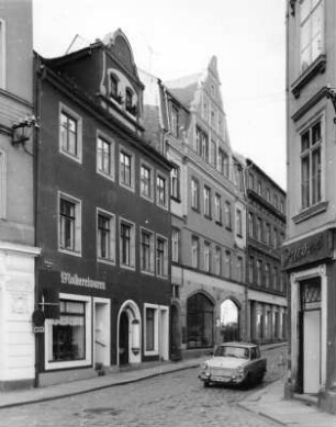 Meißen-Altstadt, Marktgasse 13/14. Wohnhäuser mit Läden (Bezeichnung 1602 [Nr. 13], 17. Jh. [Nr. 14]). Straßenansicht