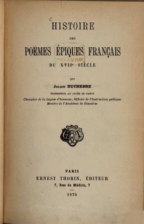 Histoire des poèmes épiques français du XVIIe siècle