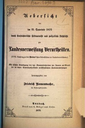 Übersicht der durch strafrichterliche Erkenntnisse und polizeiliche Beschlüsse zur Landesverweisung Verurtheilten. 1872, Quartal 2 = Nachtr. 17