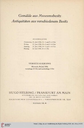 Nr. 50: Katalog / Hugo Helbing, Frankfurt am Main, Kunsthandlung und Kunstversteigerungshaus: Gemälde aus Museumsbesitz, Antiquitäten aus verschiedenem Besitz : Versteigerung: Mittwoch, 24. Juni 1936