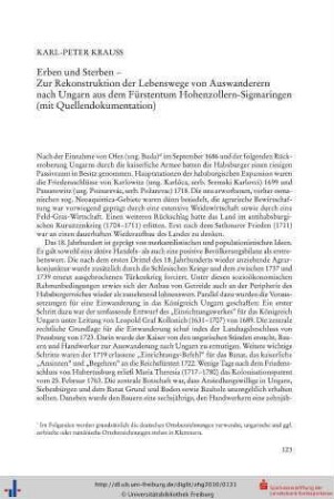 Erben und Sterben - Zur Rekonstruktion der Lebenswege von Auswanderern nach Ungarn aus dem Fürstentum Hohenzollern-Sigmaringen (mit Quellendokumentation)