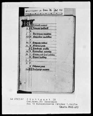 Niederdeutsches Stundenbuch (Lüning-Bergheim-Gebetbuch) — Kalenderseite, Oktober 1. Hälfte, Folio 10recto