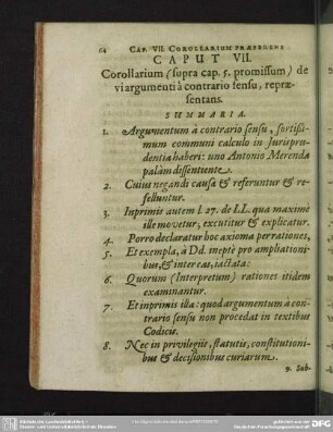 Caput VII. Corollarium (supra cap. 5. promissum) de vi argumenti a contrario sensu, repraesentans