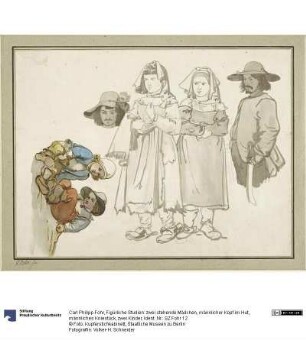 Figürliche Studien: zwei stehende Mädchen, männlicher Kopf im Hut, männliches Kniestück, zwei Kinder