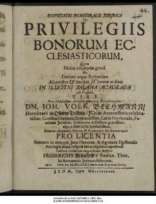 Disputatio Inauguralis Iuridica De Privilegiis Bonorum Ecclesiasticorum