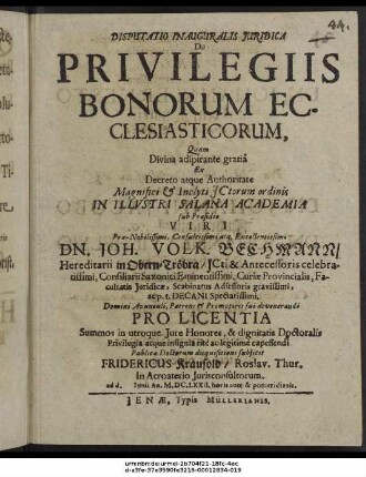 Disputatio Inauguralis Iuridica De Privilegiis Bonorum Ecclesiasticorum