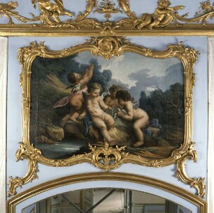 Innendekoration des Blauen Eckkabinetts im Privatappartement Herzog Karl Eugens — Wanddekoration des Blauen Eckkabinetts im Privatappartement Herzog Karl Eugens — In einer Waldlandschaft Tauben aussetzende Putten
