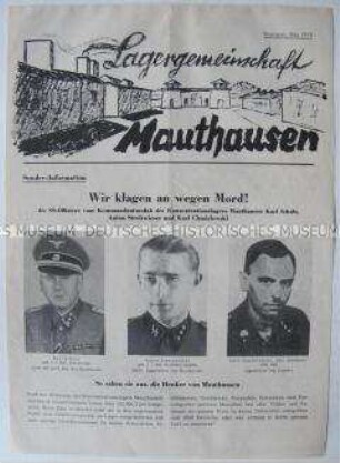 Mitteilungsblatt der Lagergemeinschaft der ehemaligen Häftlinge und der Hinterbliebenen des KZ Mauthausen mit einer Fahndungsanzeige nach ehemaligen Aufsehern