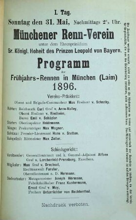 Programm für die Rennen am .... 1896, Frü. = Tag. 1