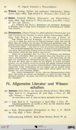 IV. Allgemeine Literatur und Wissenschaften