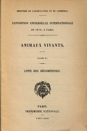 Animaux vivants. Classes 82 : liste des récompenses