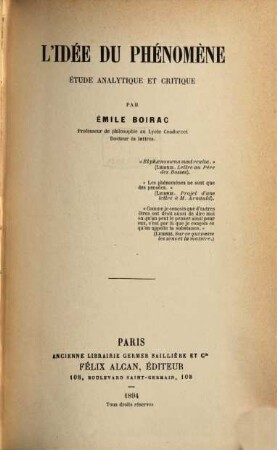 L' idée du phénomène : étude analytique et critique