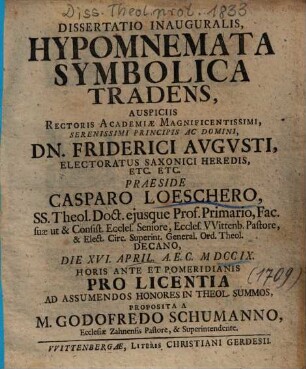 Dissertatio Inauguralis, Hypomnemata Symbolica Tradens