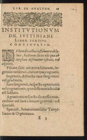 Institutionum Dn. Iustiniani Liber Tertius.