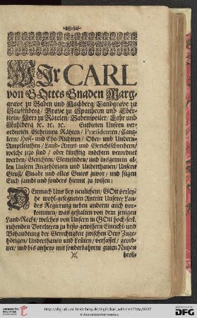 Wir Carl von Gottes Gnaden Marggrave zu Baden und Hachberg [...]