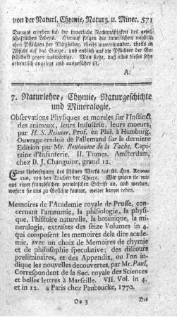 7. Naturlehre, Chymie, Naturgeschichte und Mineralogie.