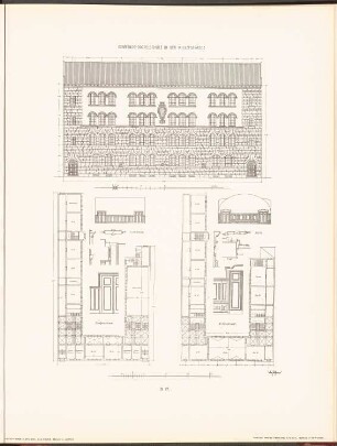 Gemeindeschule in der Wiclefstraße, Berlin: Grundriss EG, 3.OG, Innenansichten Aula, Turnhalle, Details (aus: Neubauten der Stadt Berlin, Bd. III, 1904)