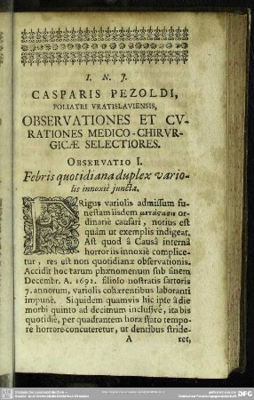 Observatio I. Febris quotidiana duplex variolis innoxie iuncta
