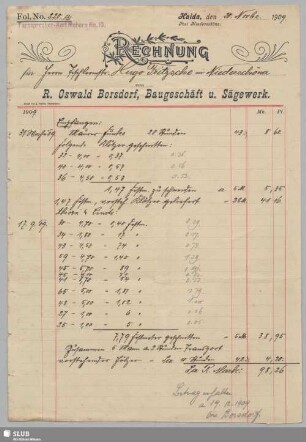 R. Oswald Borsdorf, Baugeschäft u. Sägewerk, Haida : Rechnung