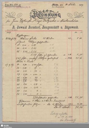 R. Oswald Borsdorf, Baugeschäft u. Sägewerk, Haida : Rechnung