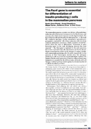 The Pax4 gene is essential for differentiation of insulin-producing beta cells in the mammalian pancreas