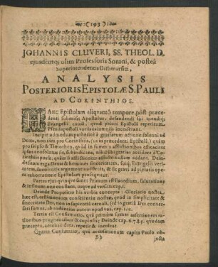 Johannis Cluveri ... Analysis Posterioris Epistolae S. Pauli Ad Corinthios.